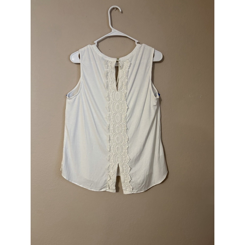 White Sleeveless Crochet Lace Trim Keyhole Split Back Rayon Top RPPS15302RY3